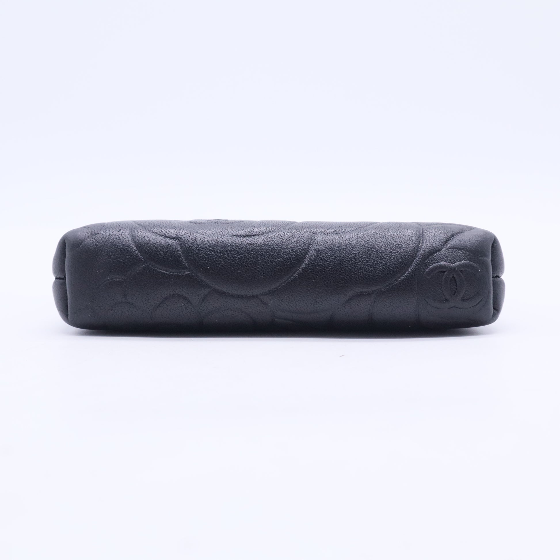 Black Camellia Embossed Lambskin Leather Small O-Case Zip Pouch W20267