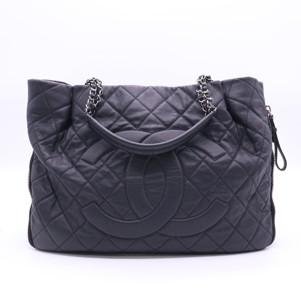 Chanel Coco Mark Aged Skin Chain Tote Bag Matelasse Black Silver Metal Fittings twins LDJ3563