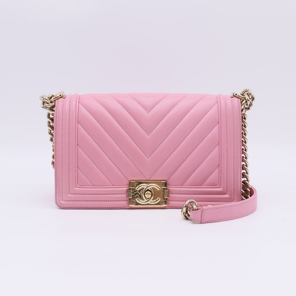Chanel Boy shoulder bag in pink chevron quilted leather twins LDZ346