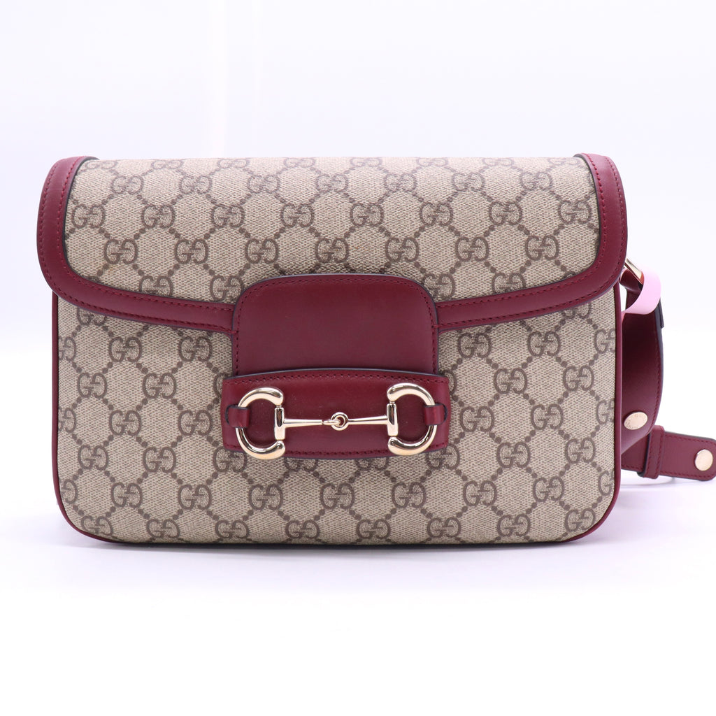 GG Supreme Monogram Azalea Calfskin Horsebit 1955 Shoulder Bag Beige Ebony New Cherry Red TWINS LDJ3570