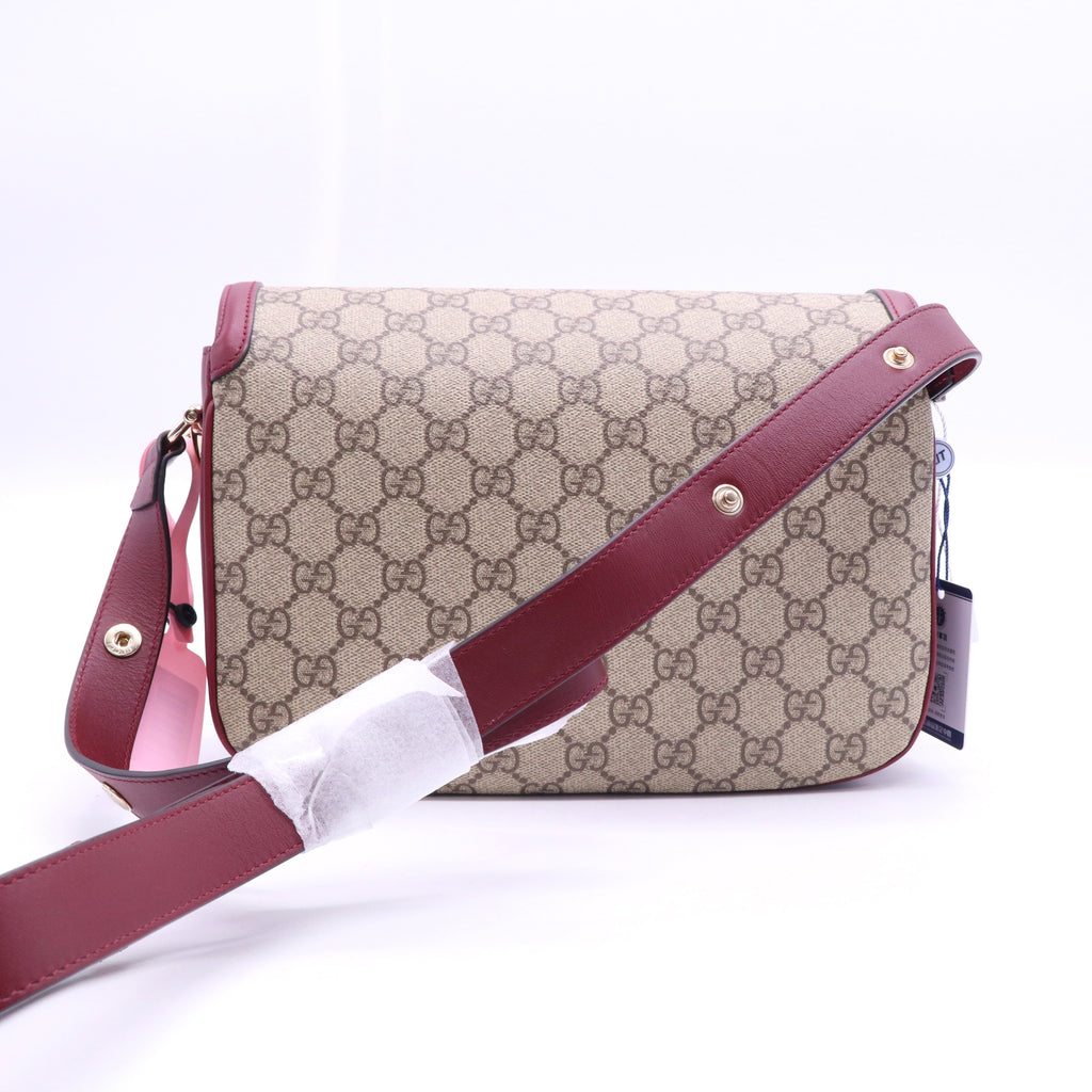 GG Supreme Monogram Azalea Calfskin Horsebit 1955 Shoulder Bag Beige Ebony New Cherry Red TWINS LDJ3570