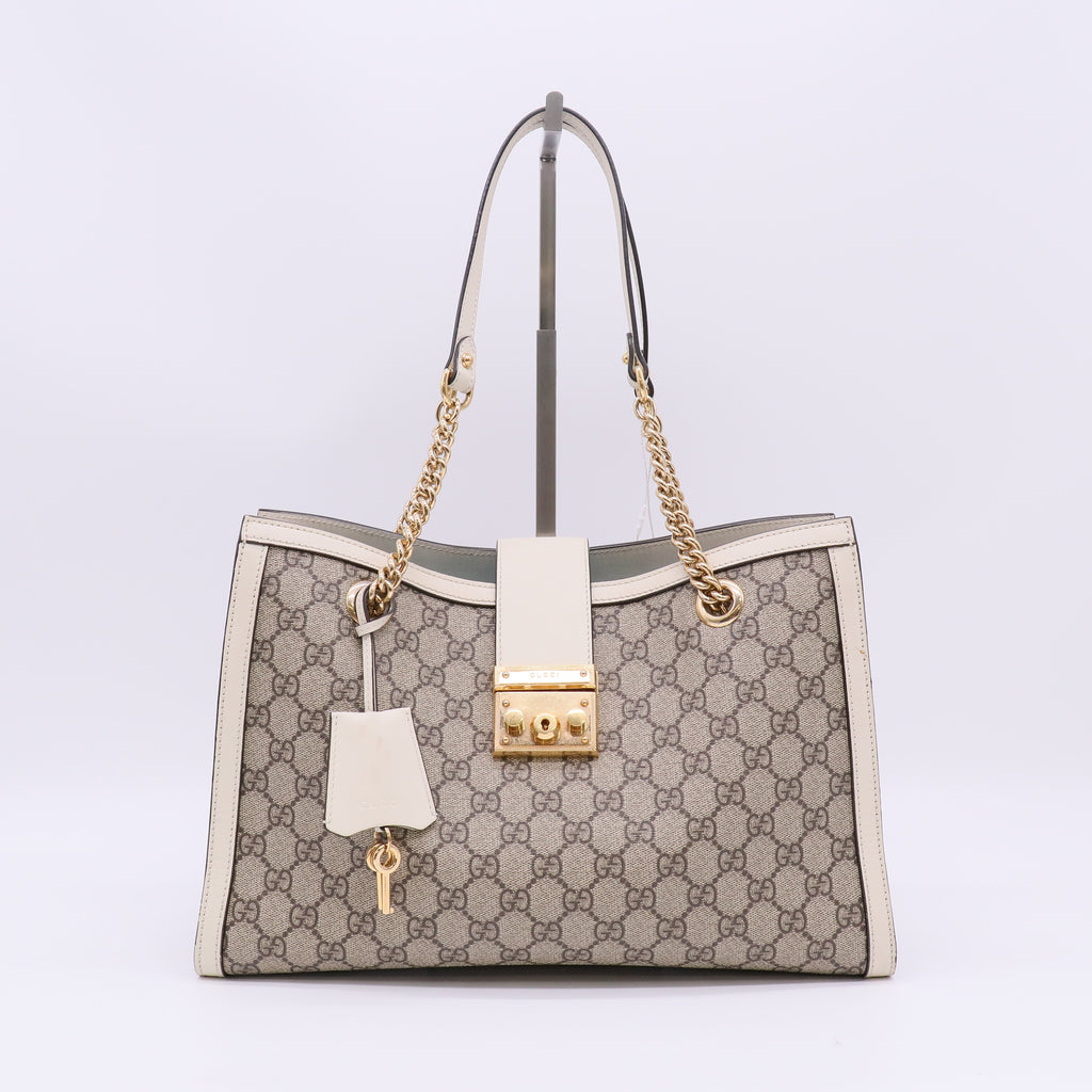 Gucci Beige/White GG Supreme Coated Canvas and Leather Padlock Tote Bag twins LDZ875