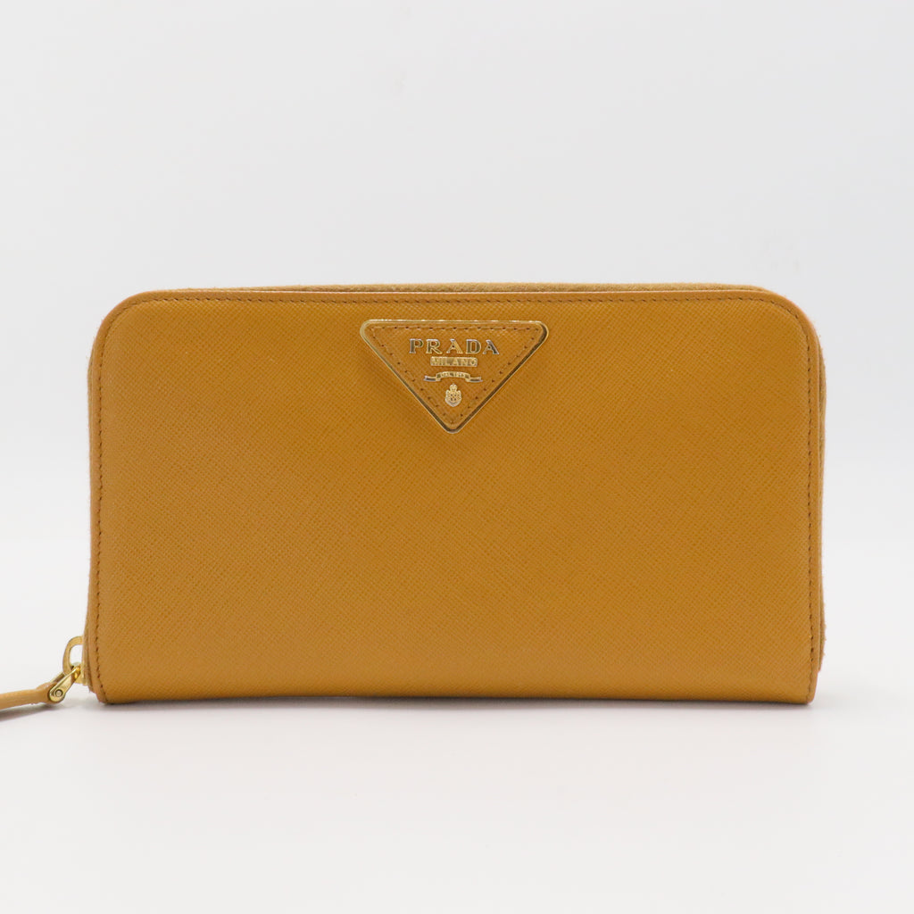 Mustard Yellow Saffiano Lux Leather Zip Around Wallet