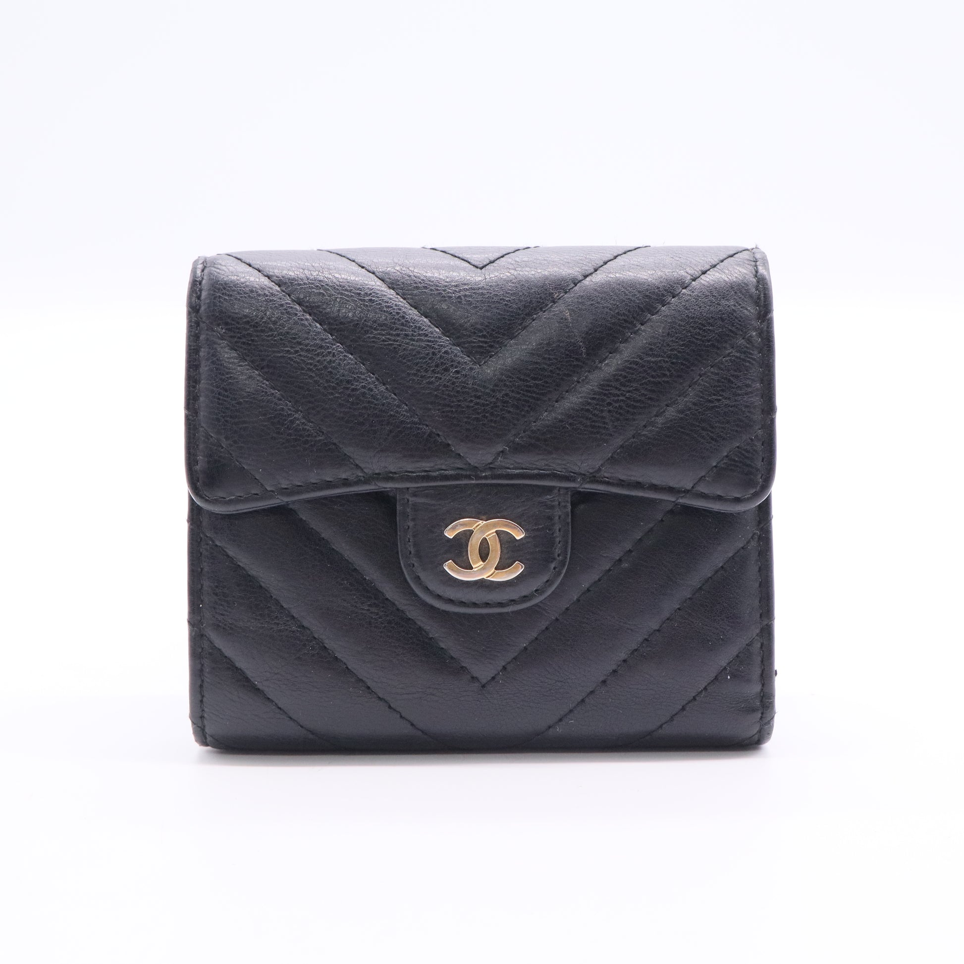 Chanel Black V-patterned Small Caviar Leather Tri-fold Wallet Twins LDJ2749