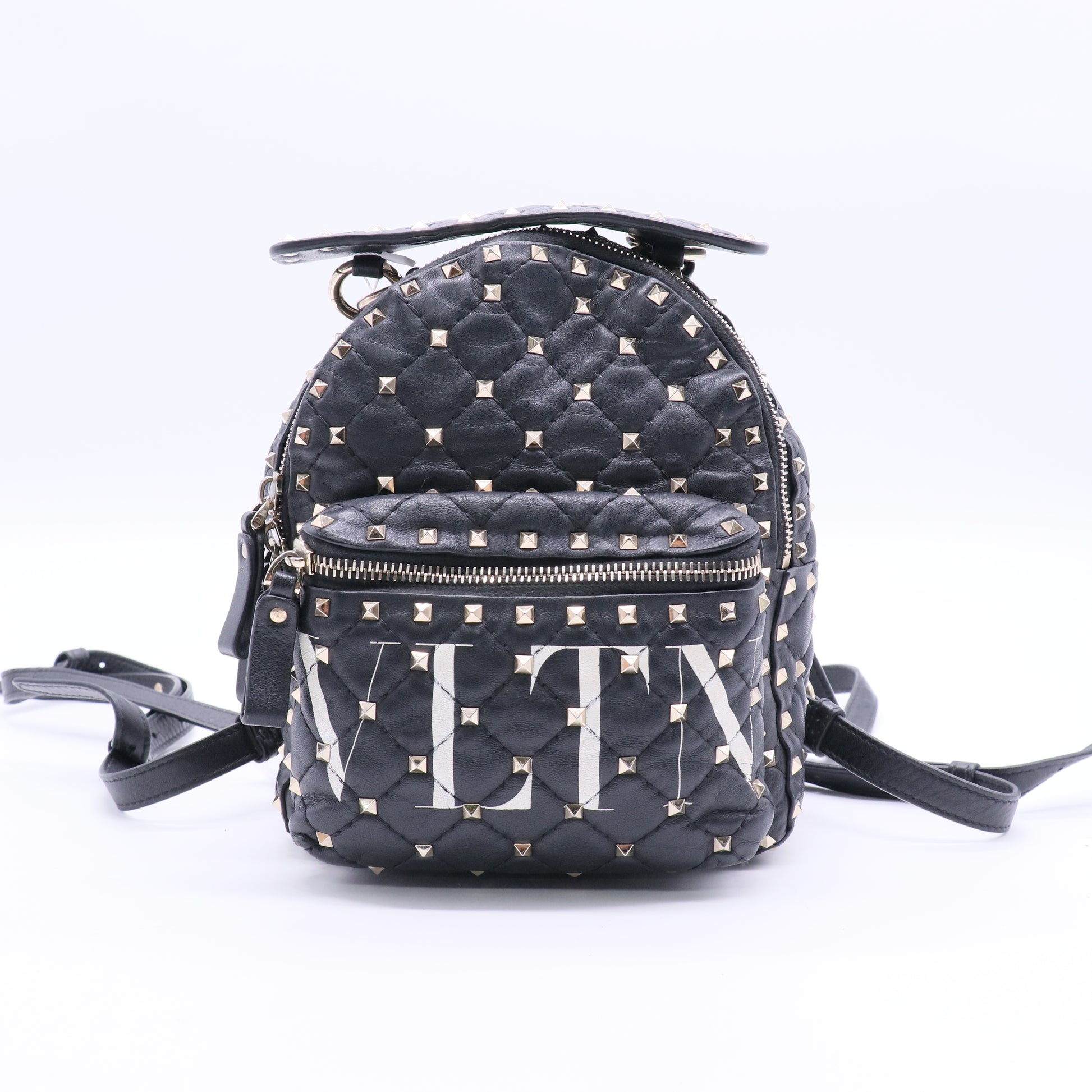 Lambskin VLTN Print Quilted Mini Rockstud Spike Backpack Black Twins LDJ2836
