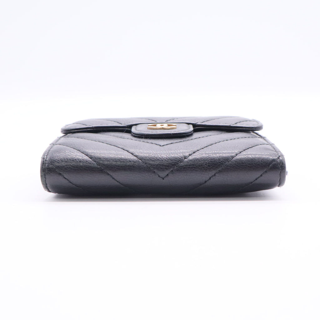 Chanel Black V-patterned Small Caviar Leather Tri-fold Wallet Twins LDJ2749