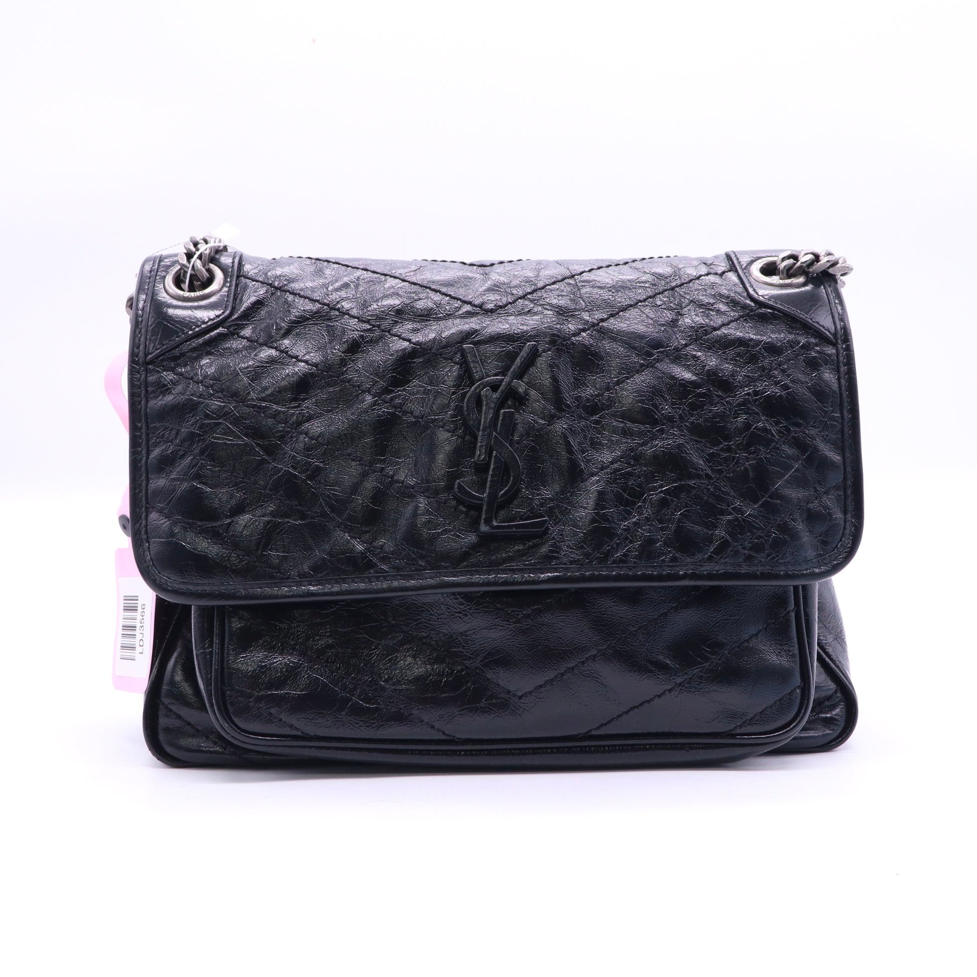 Saint Laurent Crinkled Calfskin Matelasse Monogram Medium Niki Chain Satchel Black twins LDJ3566