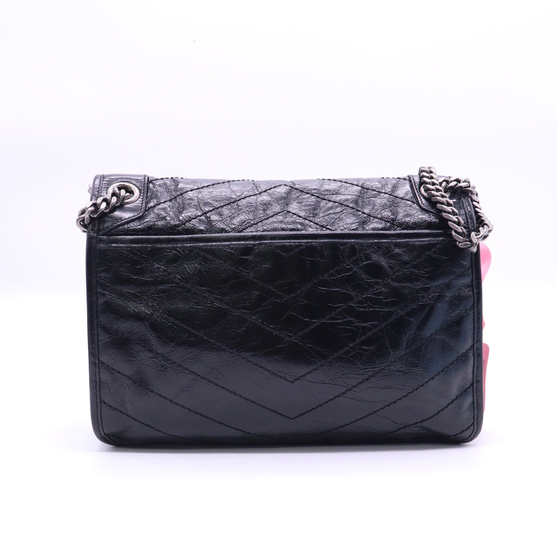 Saint Laurent Crinkled Calfskin Matelasse Monogram Medium Niki Chain Satchel Black twins LDJ3566