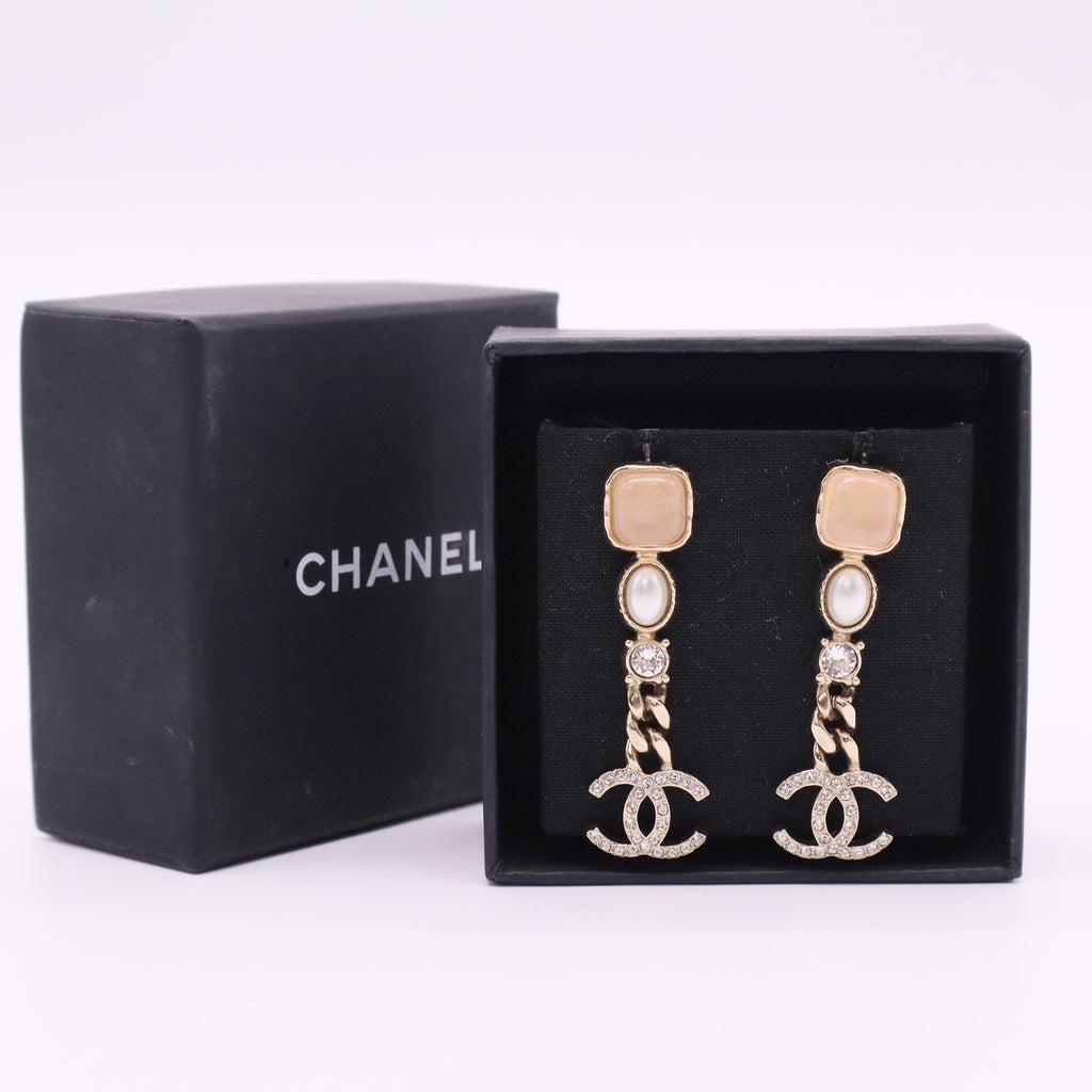 CC Logos Rhinestone Pearl Dangle Stud Earrings Gold Tone Twins