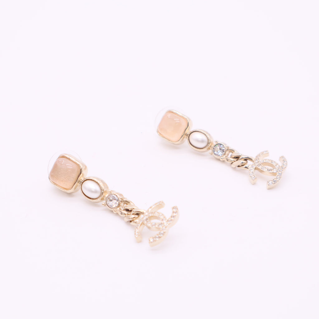 CC Logos Rhinestone Pearl Dangle Stud Earrings Gold Tone Twins