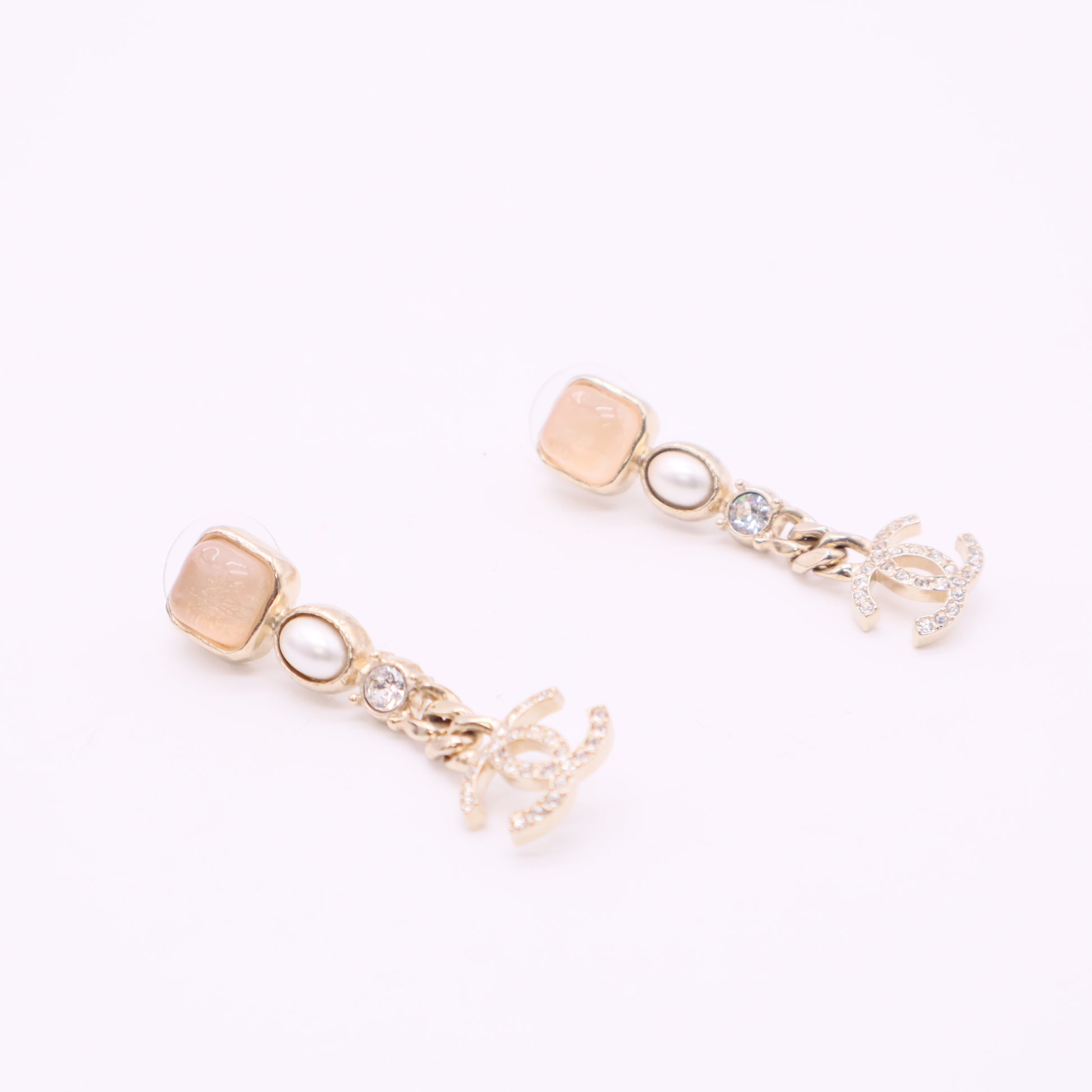 CC Logos Rhinestone Pearl Dangle Stud Earrings Gold Tone Twins