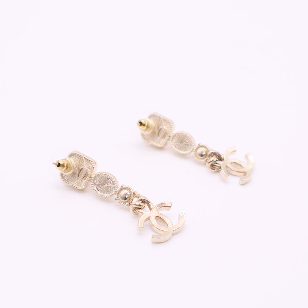 CC Logos Rhinestone Pearl Dangle Stud Earrings Gold Tone Twins
