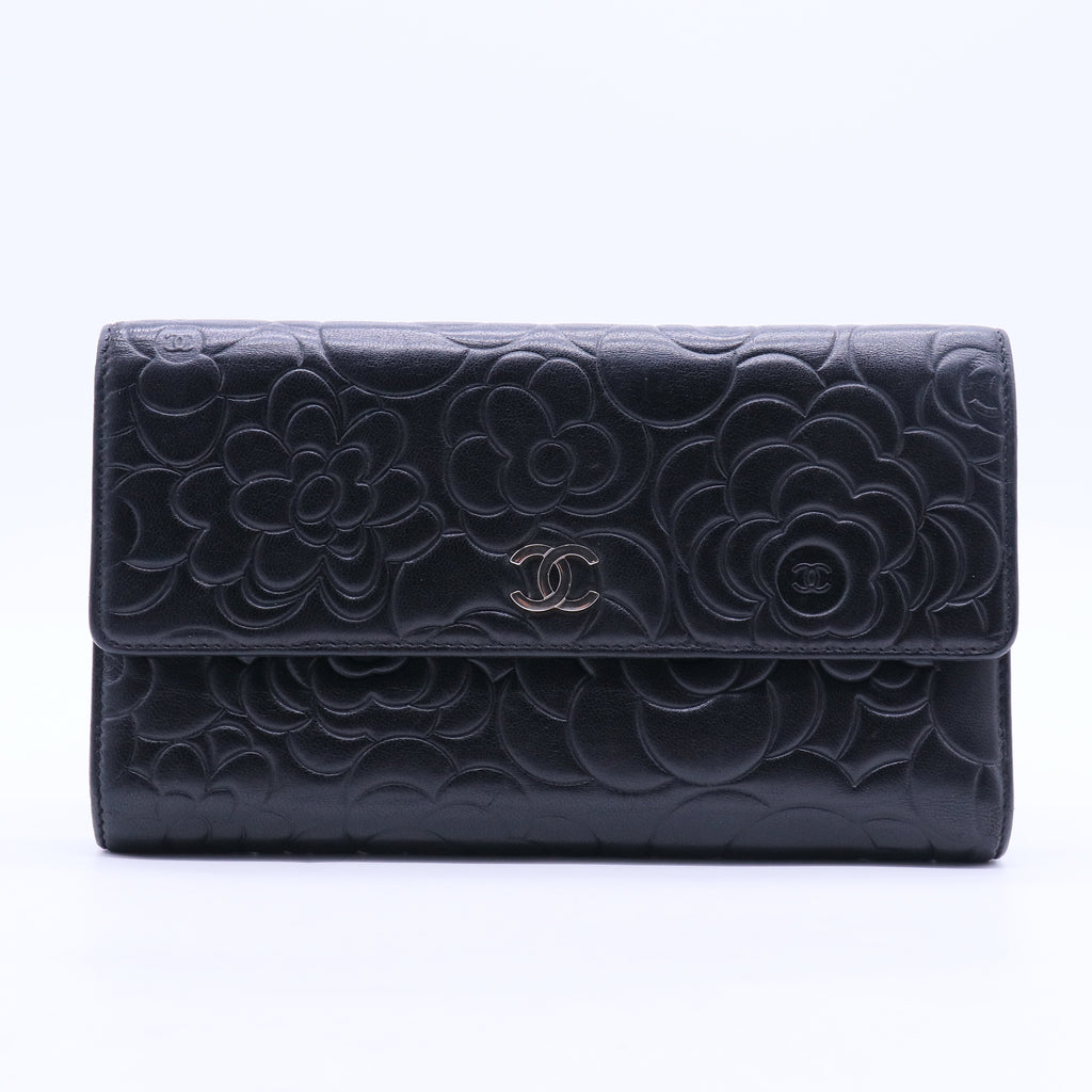 Lambskin Camellia Embossed Large Flap Wallet Black W20292