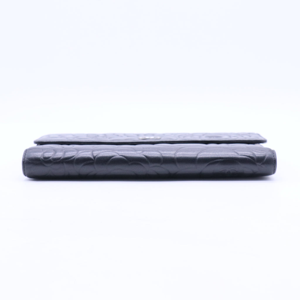 Lambskin Camellia Embossed Large Flap Wallet Black W20292