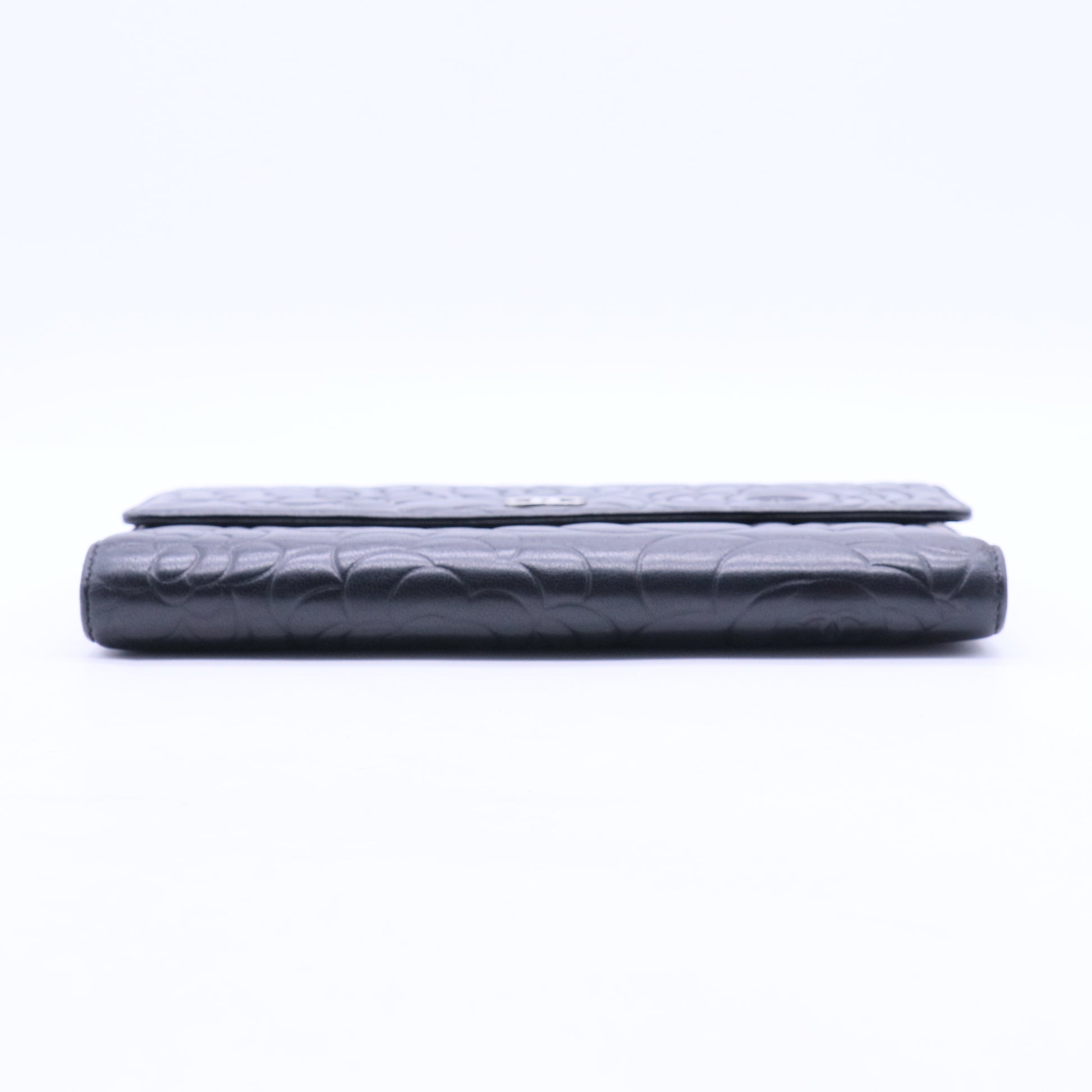 Lambskin Camellia Embossed Large Flap Wallet Black W20292