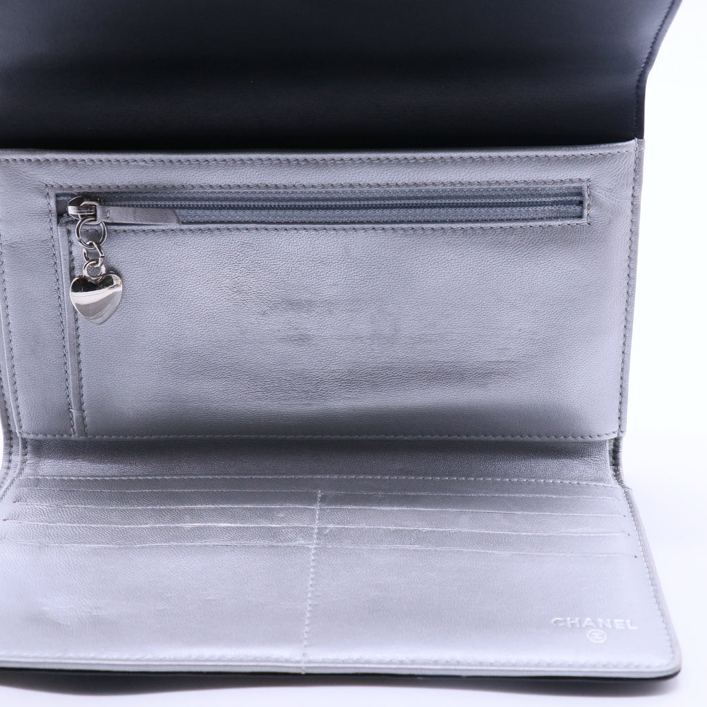 Lambskin Camellia Embossed Large Flap Wallet Black W20292