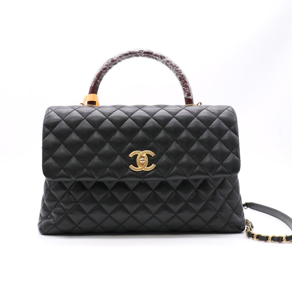 Chanel Caviar Elaphe Quilted Medium Coco Handle Flap Black Burgundy LDZ370 twins