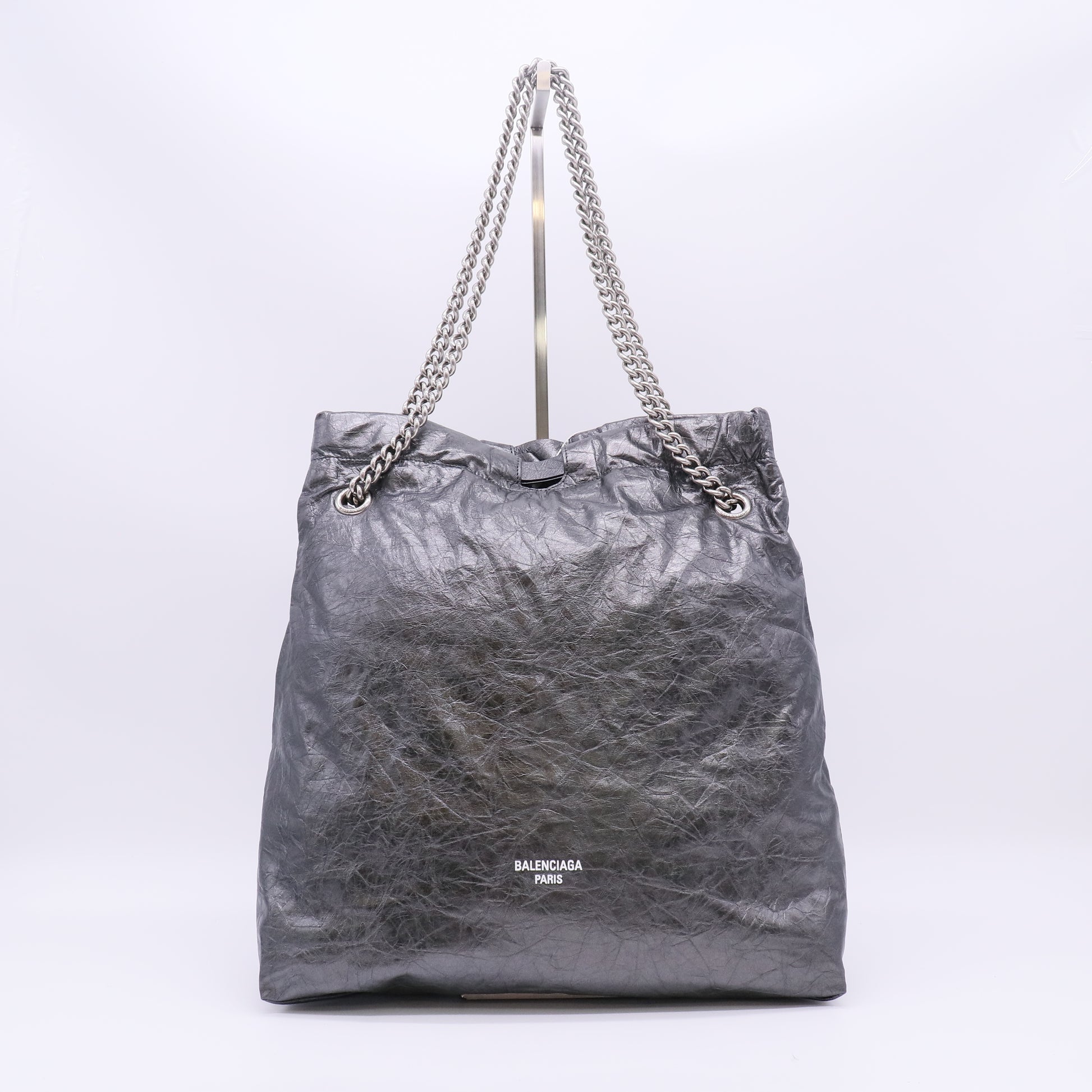 Balenciaga Metallic Silver Crinkled Leather Drawstring Bag twins LDJ5524