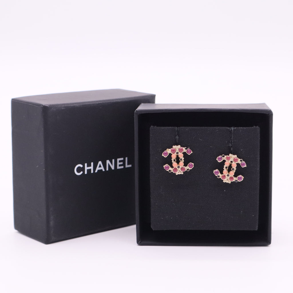 Gold CC Red Coral Stone Stud Piercing Earrings Twins