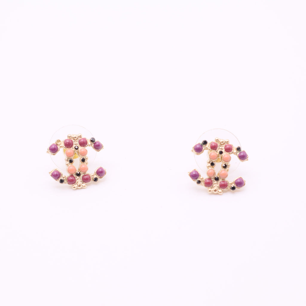 Gold CC Red Coral Stone Stud Piercing Earrings Twins