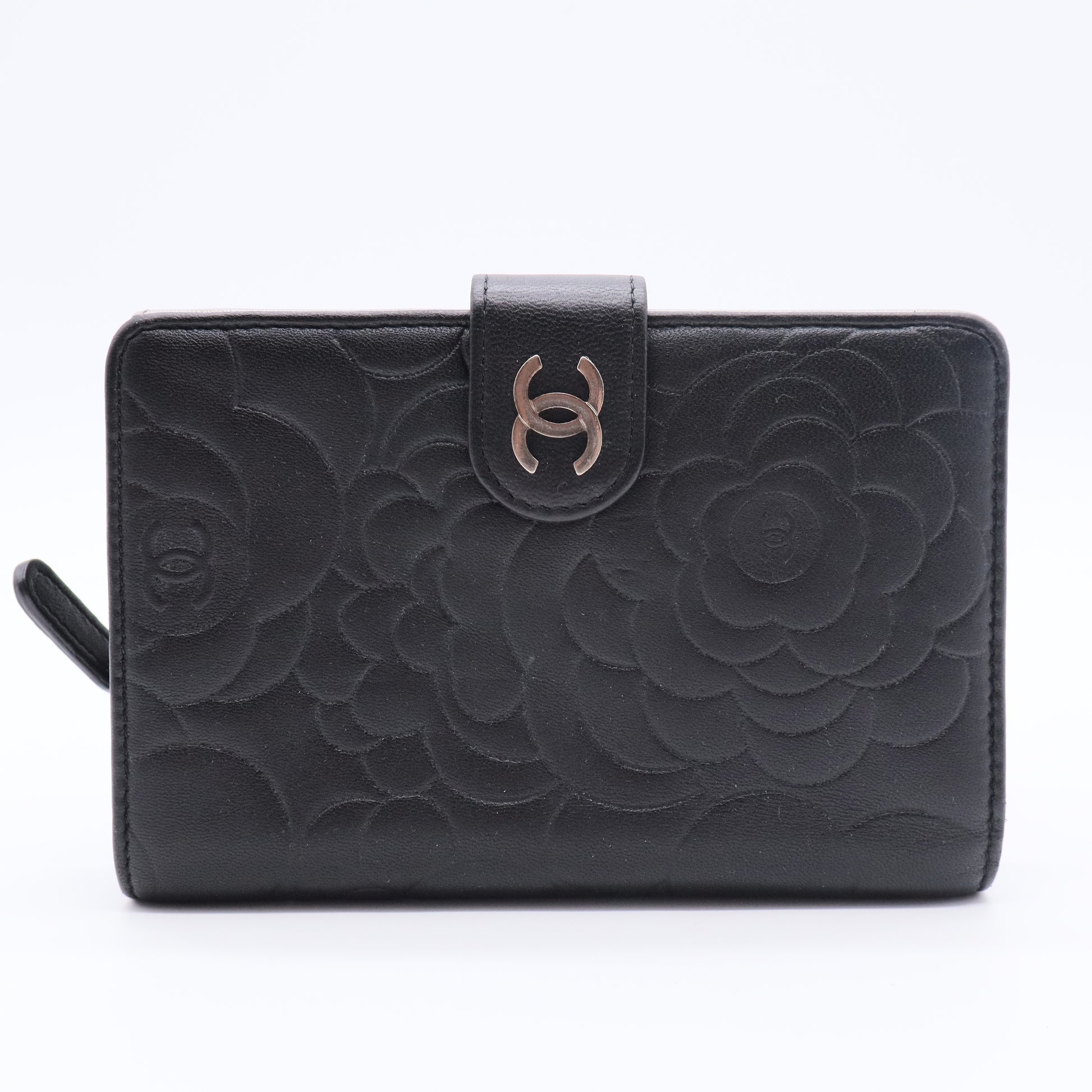 Lambskin Camellia Embossed Zipped Pocket Wallet Black For Gisel