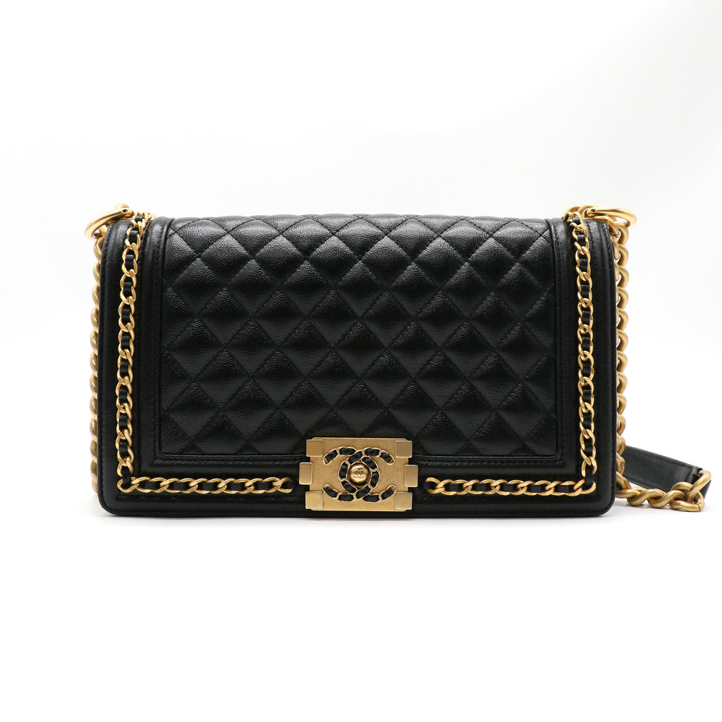 Chanel Jacket Boy Flap Chevron Quilted  Aged Calfskin Black Gold twins LDJ4968