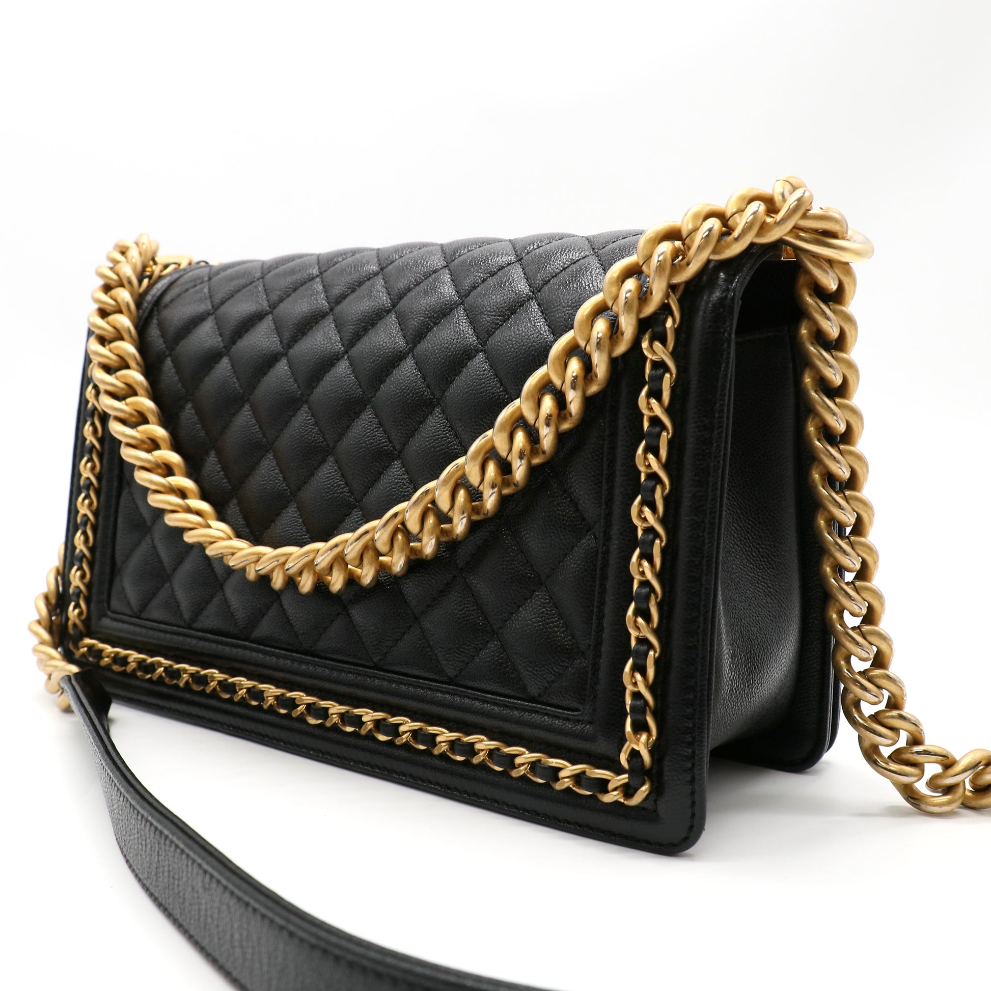 Chanel Jacket Boy Flap Chevron Quilted  Aged Calfskin Black Gold twins LDJ4968
