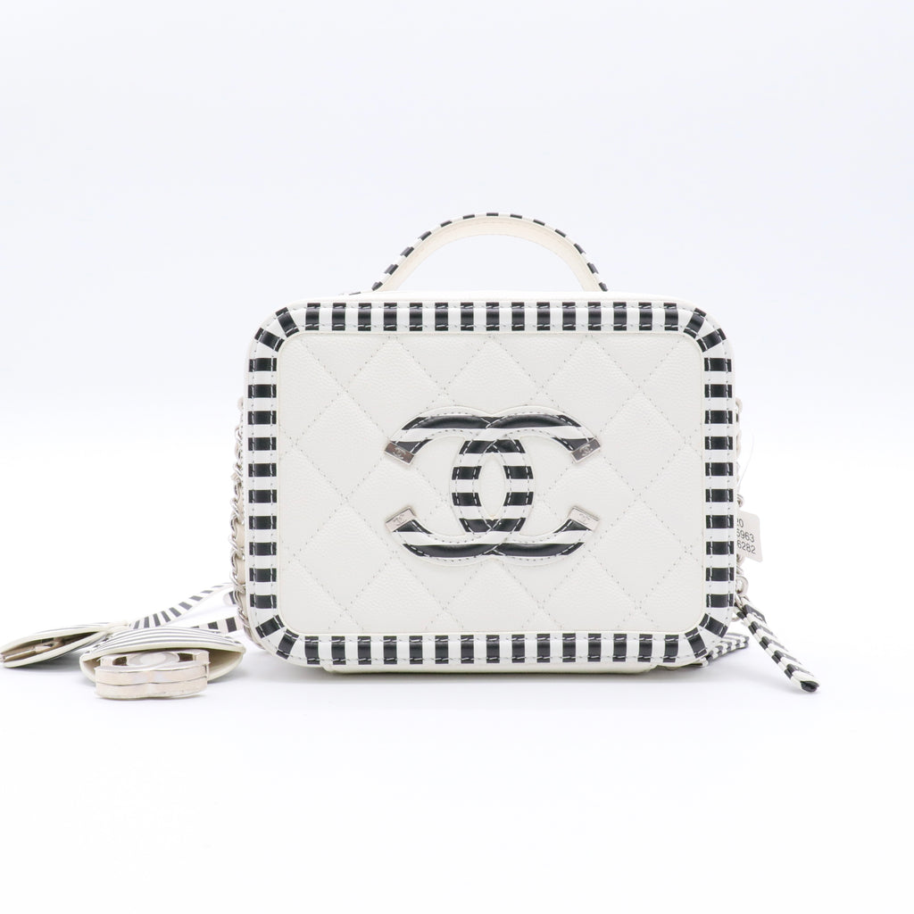 Caviar Quilted Striped Small CC Filigree Vanity Case White Black twins