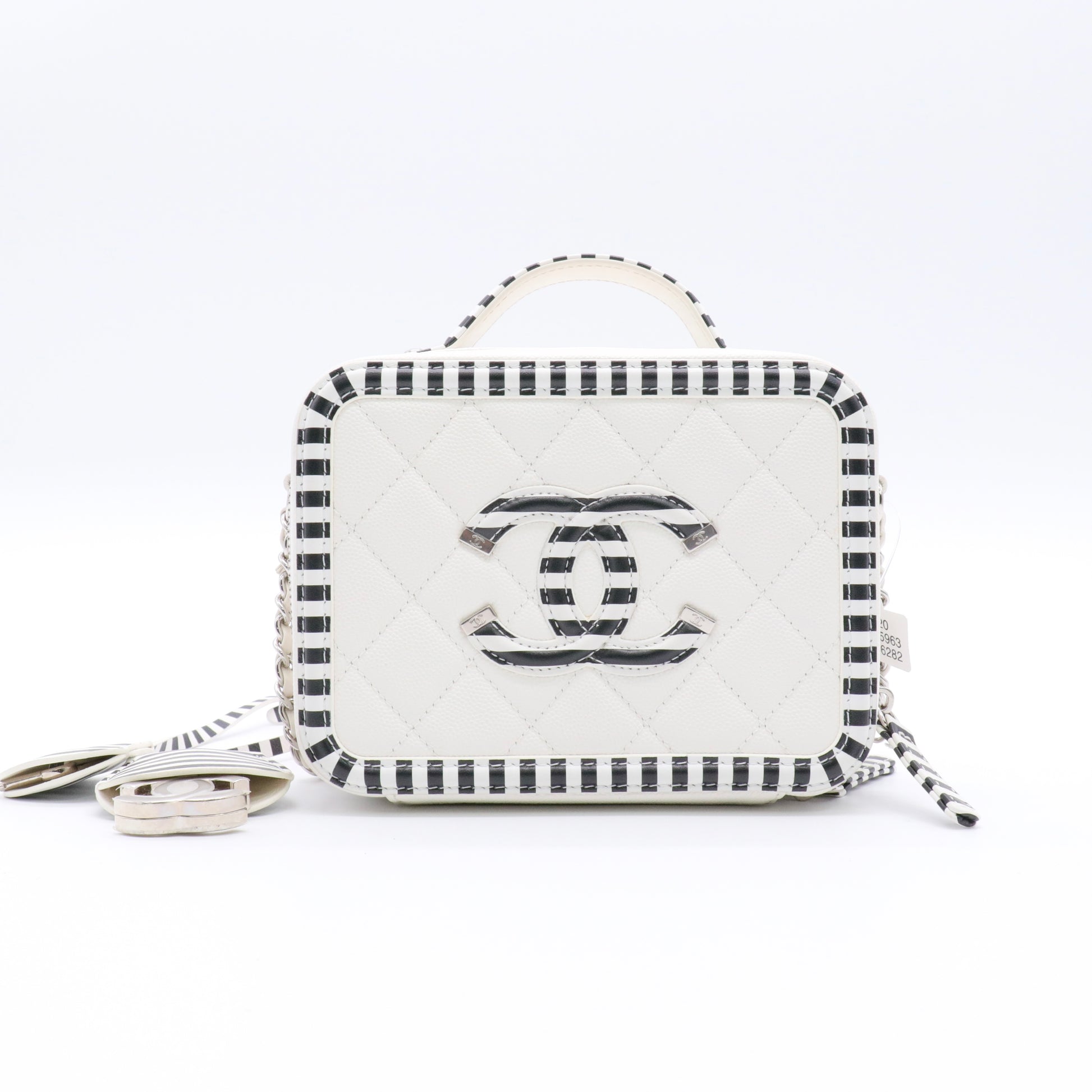 Caviar Quilted Striped Small CC Filigree Vanity Case White Black twins