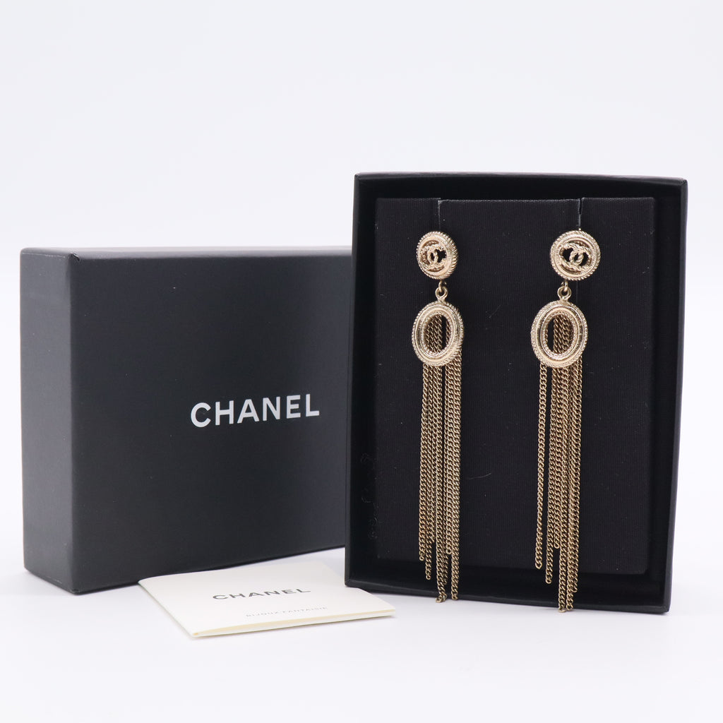Chanel CC Logo Chain Tassel Gold Tone Long Earrings Twins LDJ2771