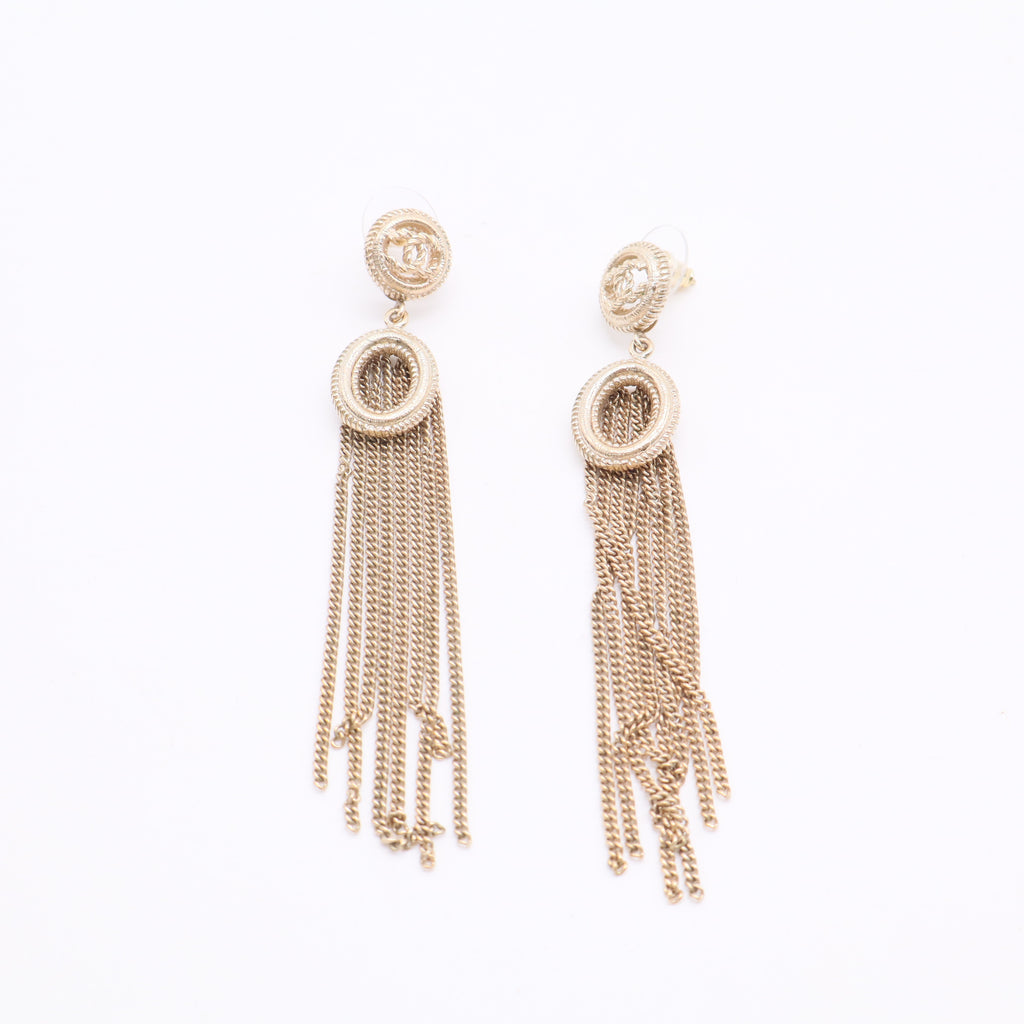 Chanel CC Logo Chain Tassel Gold Tone Long Earrings Twins LDJ2771