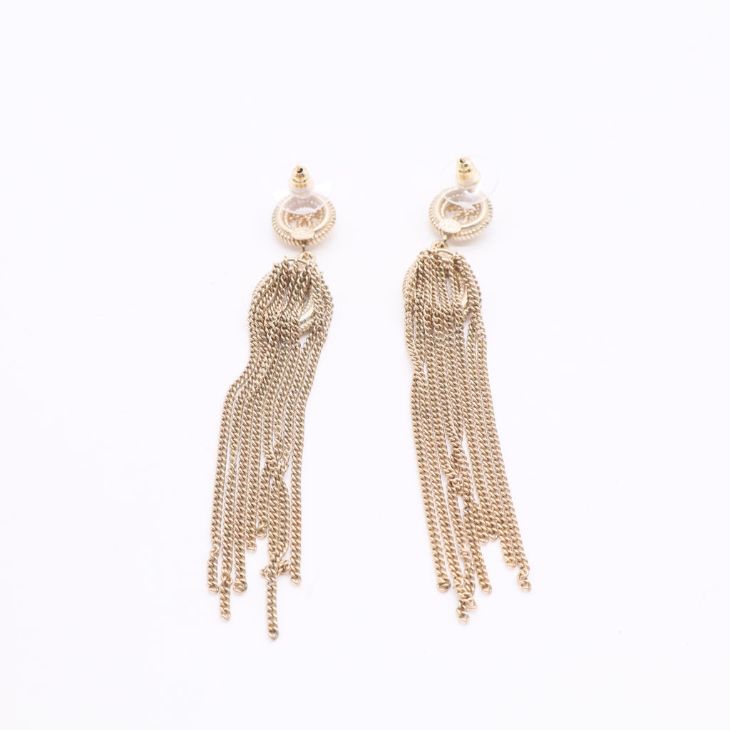 Chanel CC Logo Chain Tassel Gold Tone Long Earrings Twins LDJ2771