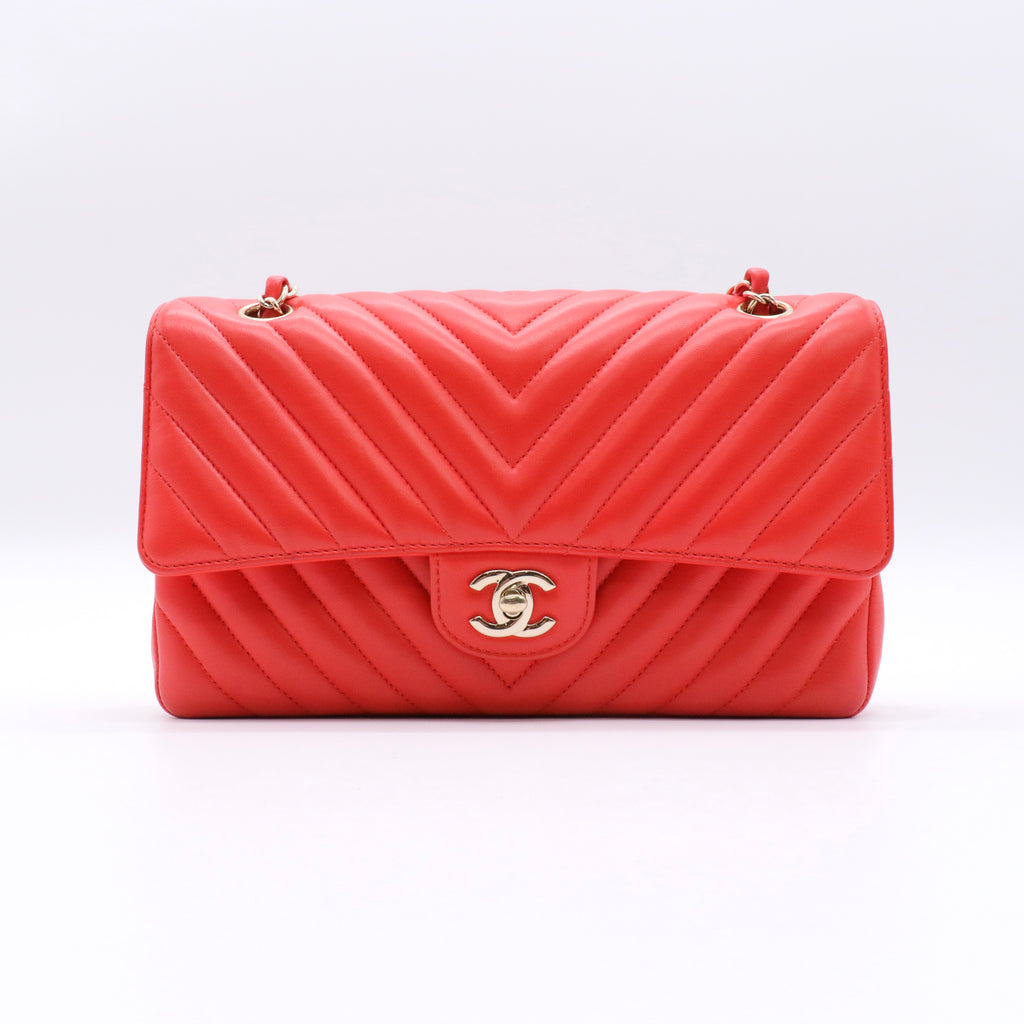 Lambskin Chevron Quilted Medium Double Flap Red twins