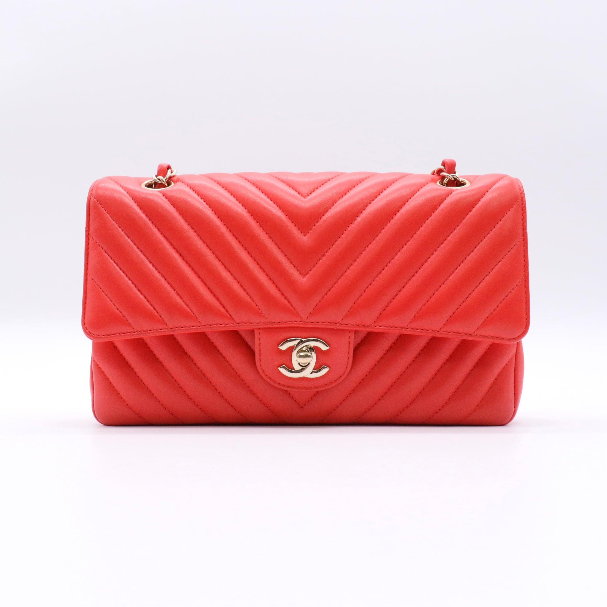 Lambskin Chevron Quilted Medium Double Flap Red twins