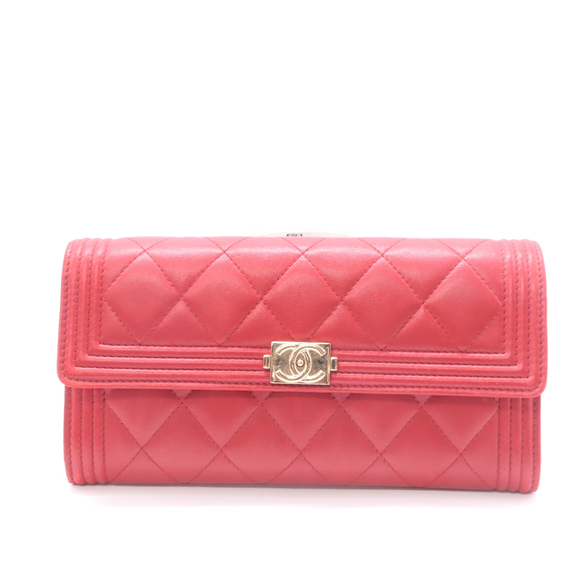CHANEL Boy Flap Lambskin Quilted Leather Wallet Red Twins W22542