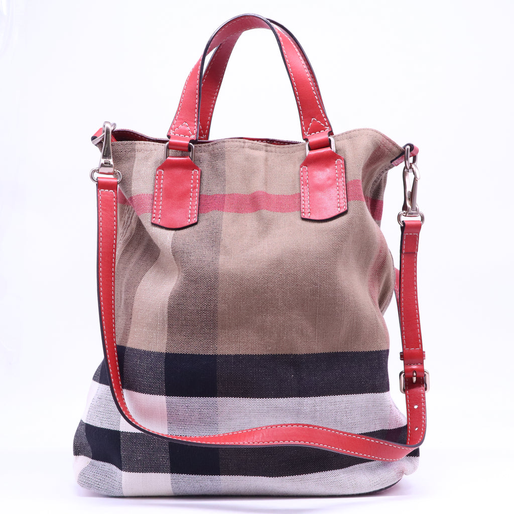 Burberry Canvas Mega Check Medium Tottenham Brit Tote Cadmium Red B21239