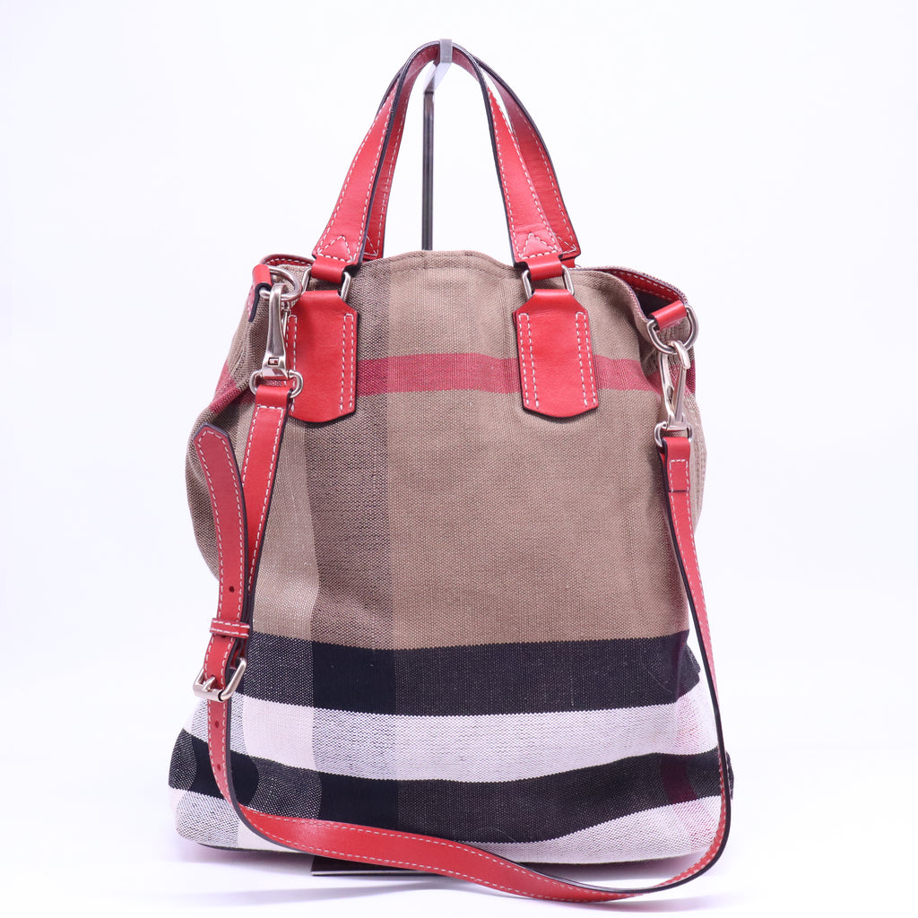 Burberry Canvas Mega Check Medium Tottenham Brit Tote Cadmium Red B21239