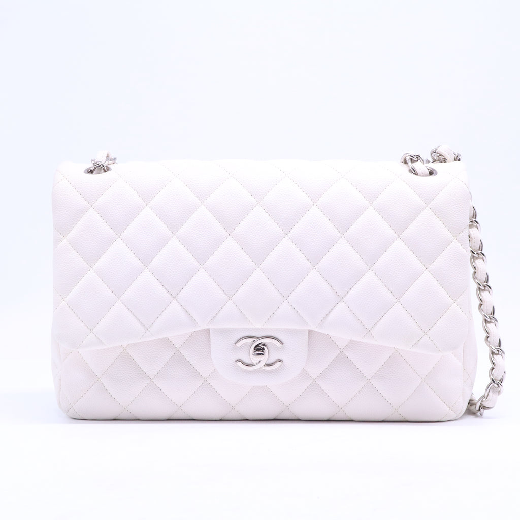 White Quilted Caviar Leather Classic Single Jumbo Flap Bag B21125