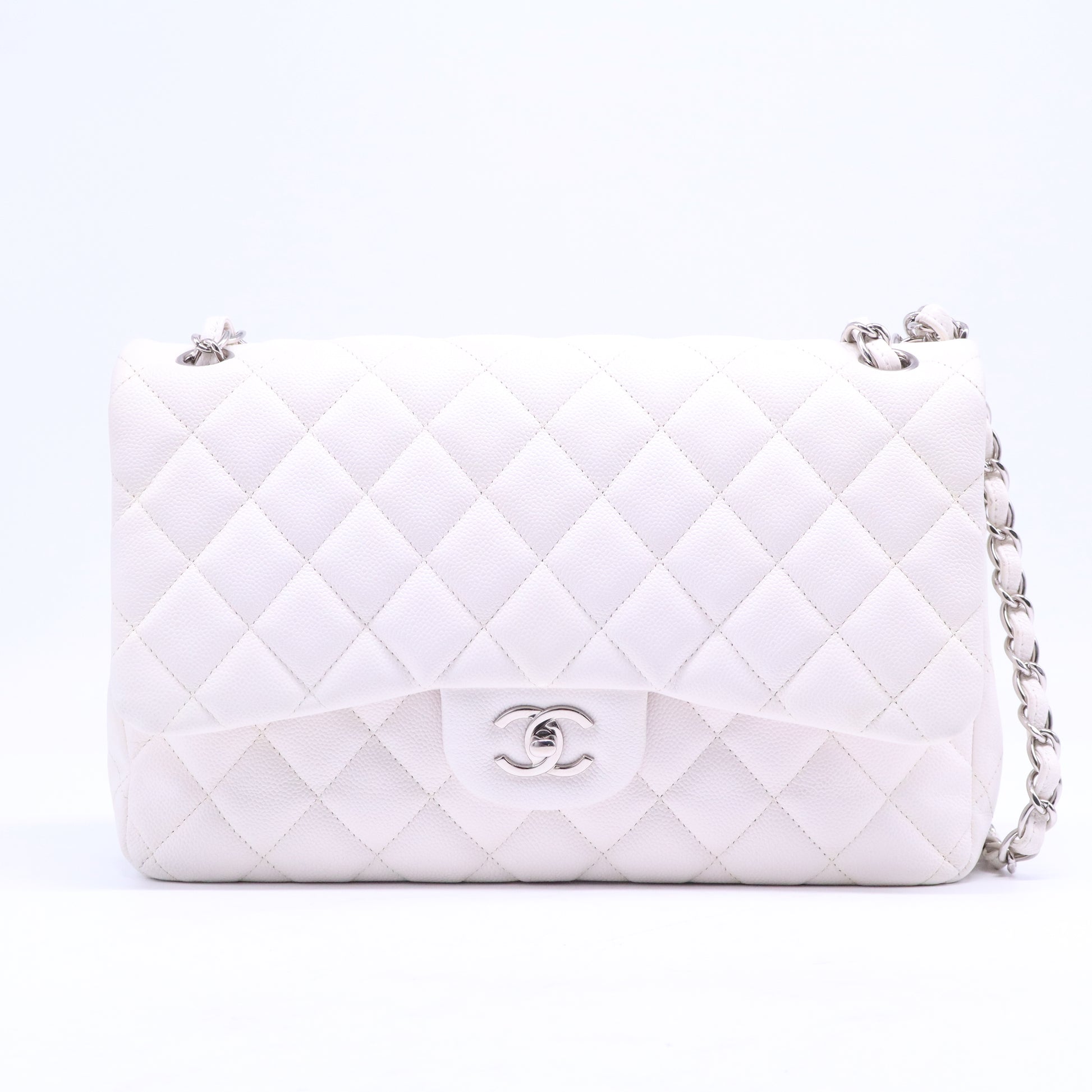 White Quilted Caviar Leather Classic Single Jumbo Flap Bag B21125