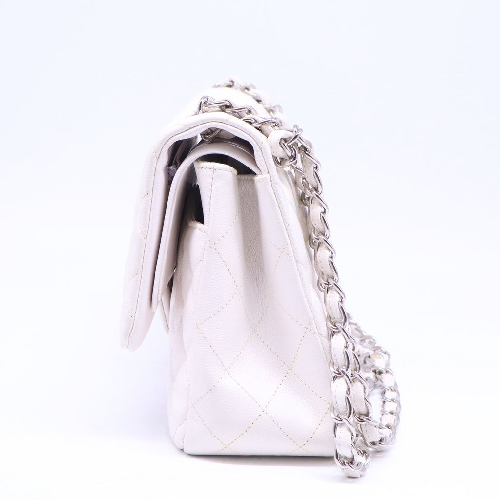 White Quilted Caviar Leather Classic Single Jumbo Flap Bag B21125