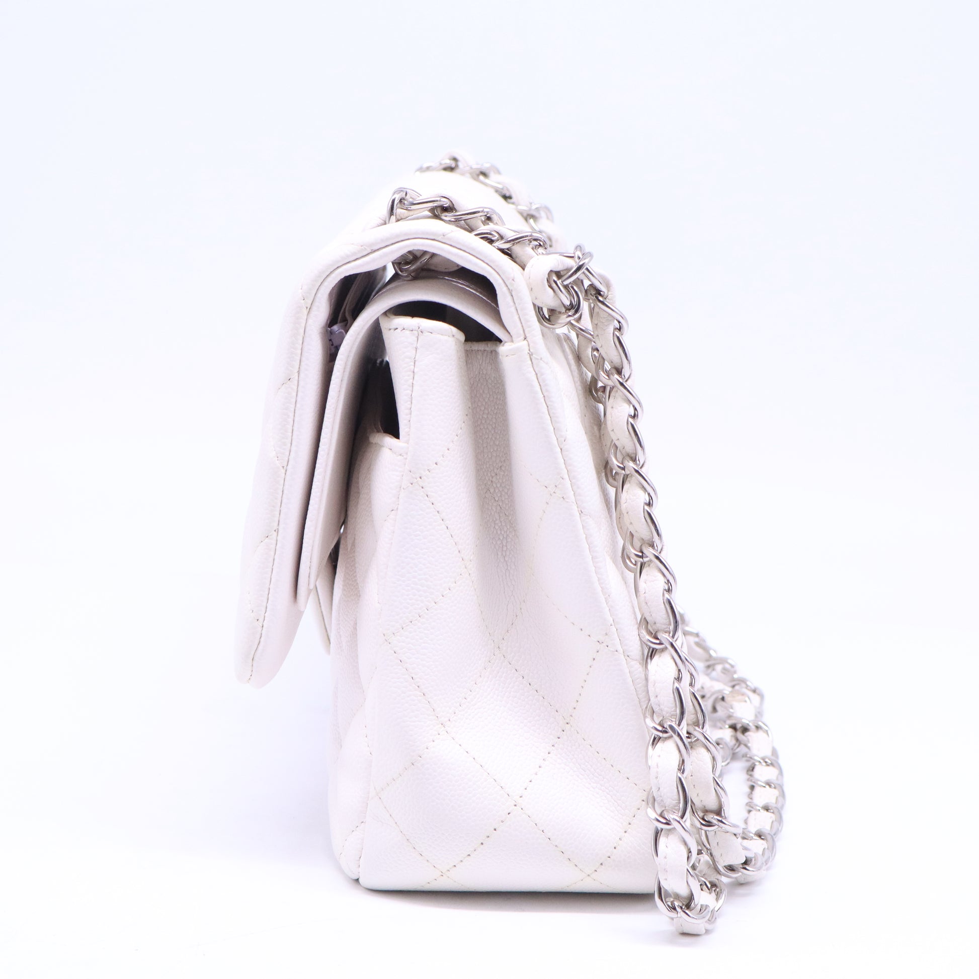 White Quilted Caviar Leather Classic Single Jumbo Flap Bag B21125
