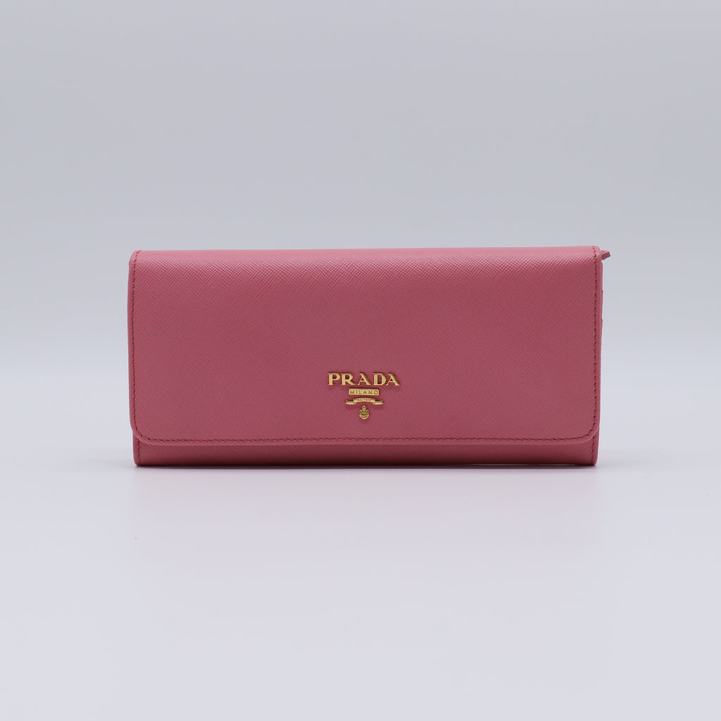 Prada Saffiano Metal Oro Continental Flap Wallet Pink W21461