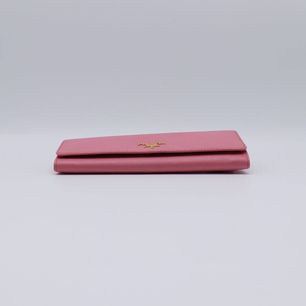 Prada Saffiano Metal Oro Continental Flap Wallet Pink W21461
