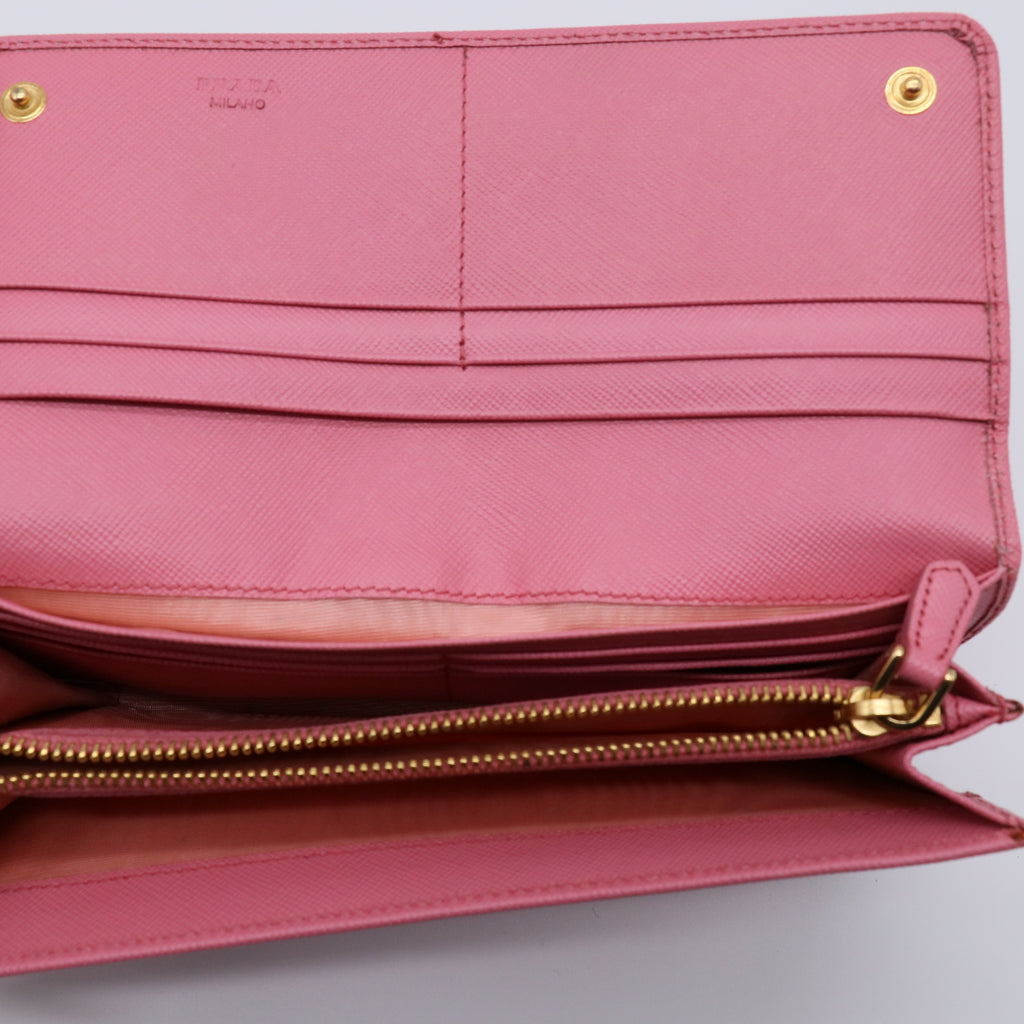 Prada Saffiano Metal Oro Continental Flap Wallet Pink W21461