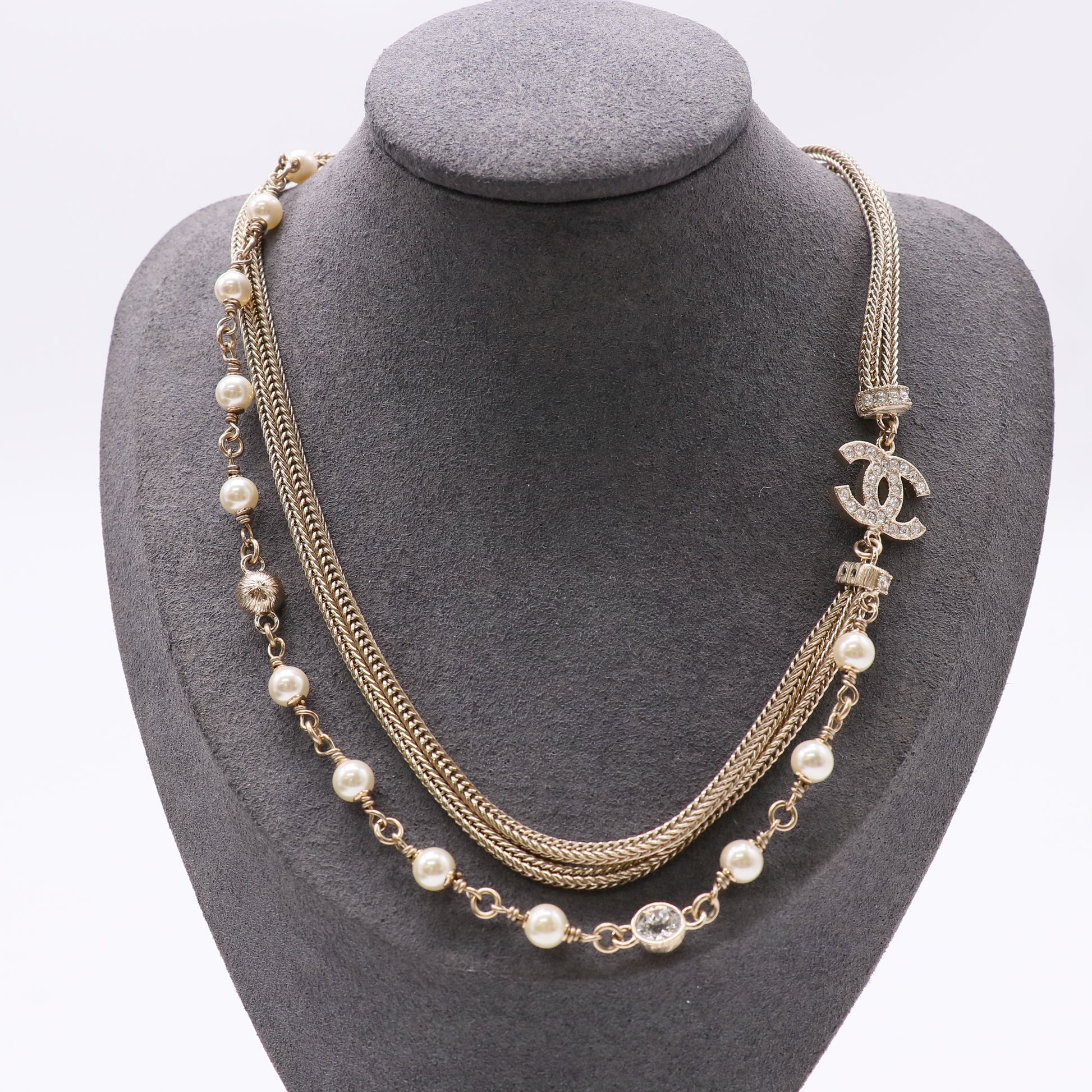 Chanel Faux Pearl and Crystal Camellia CC Long Necklace Twins LDZ416