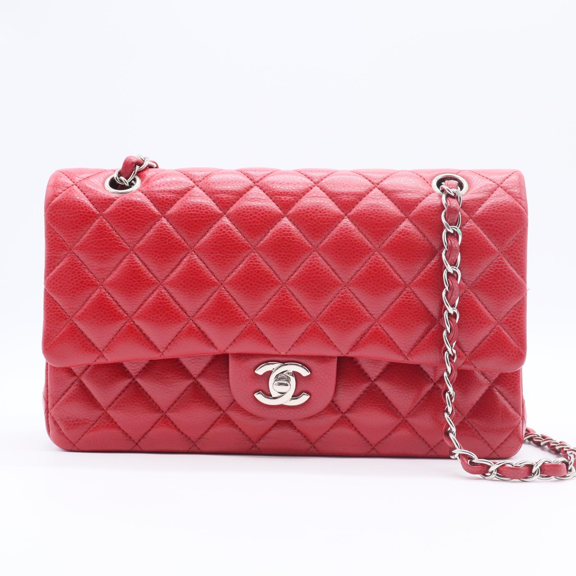 Metallic Caviar Quilted Medium Double Flap Red