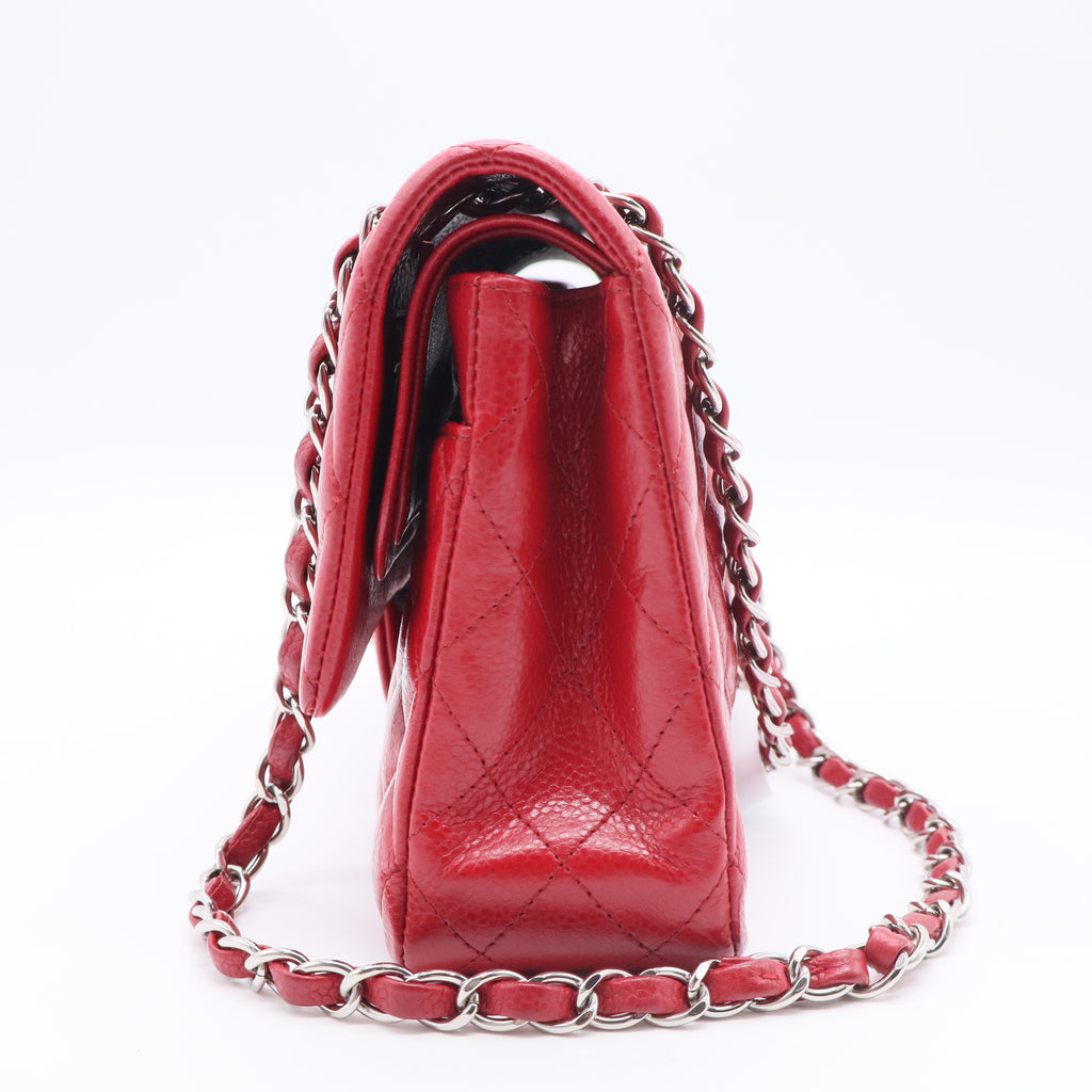Metallic Caviar Quilted Medium Double Flap Red