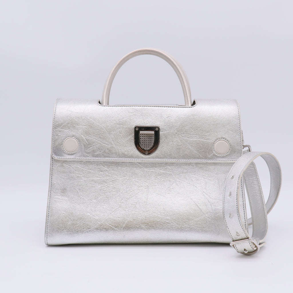 Christian Dior Silver Pebbled Leather Medium Diorever Bag Twins LDZ382