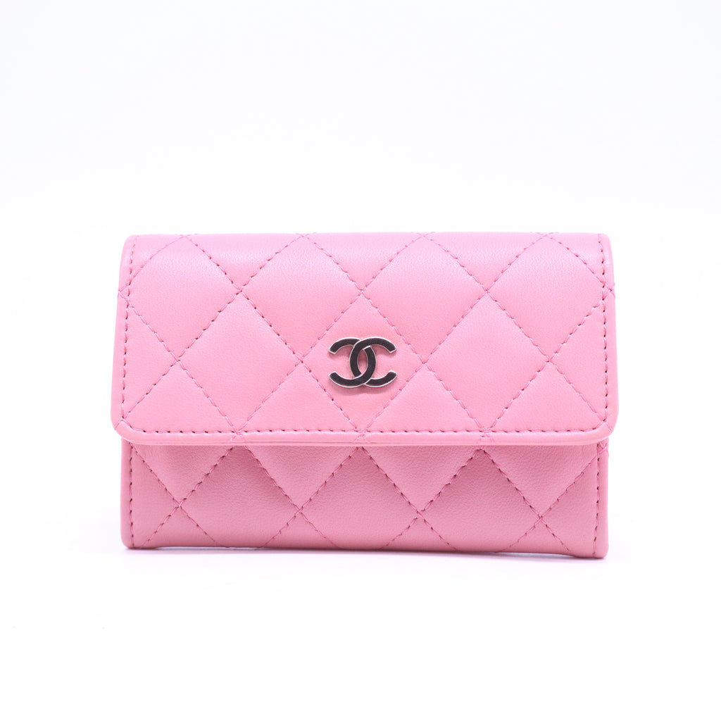 Pink Quilted Lambskin Leather Flap Card Holder