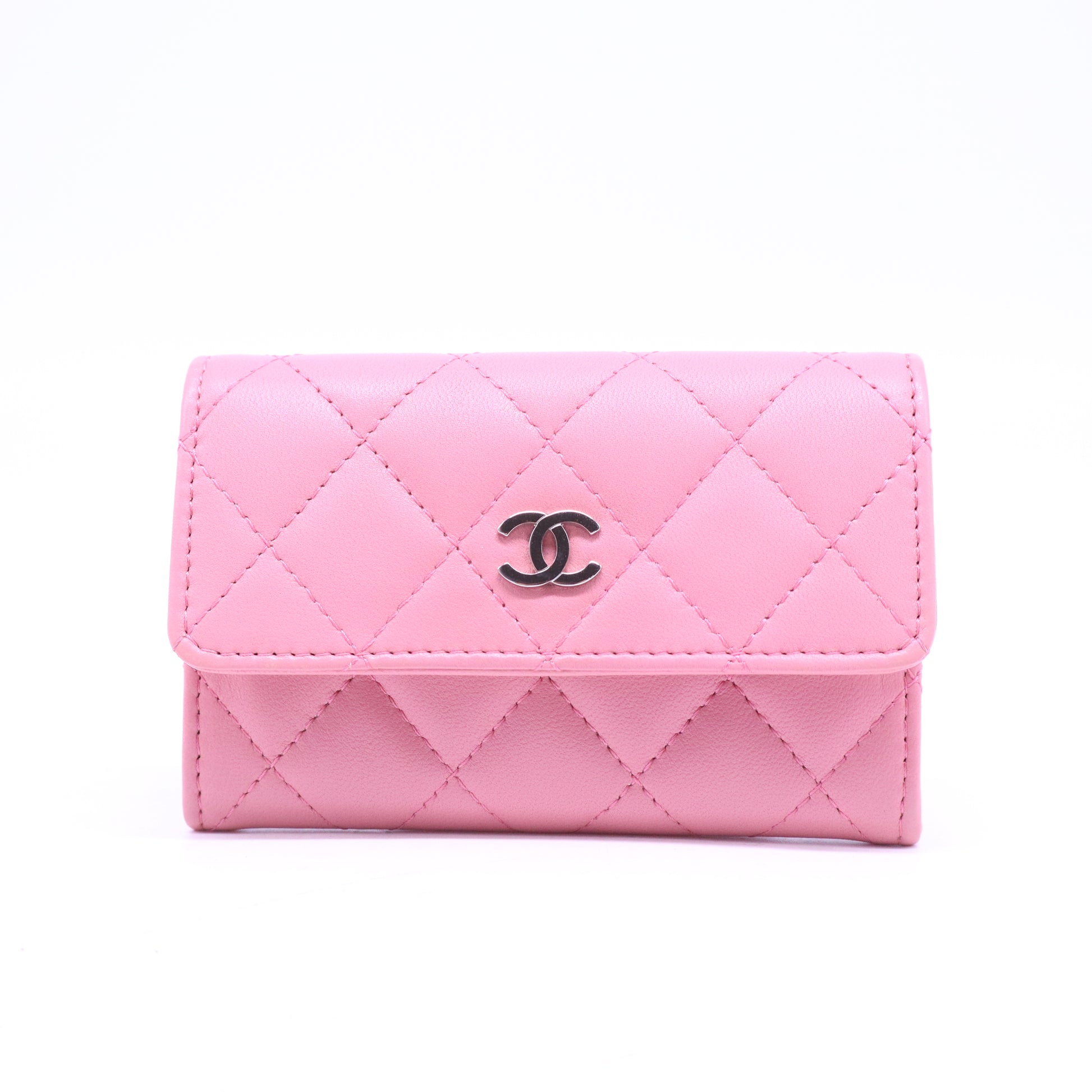 Pink Quilted Lambskin Leather Flap Card Holder